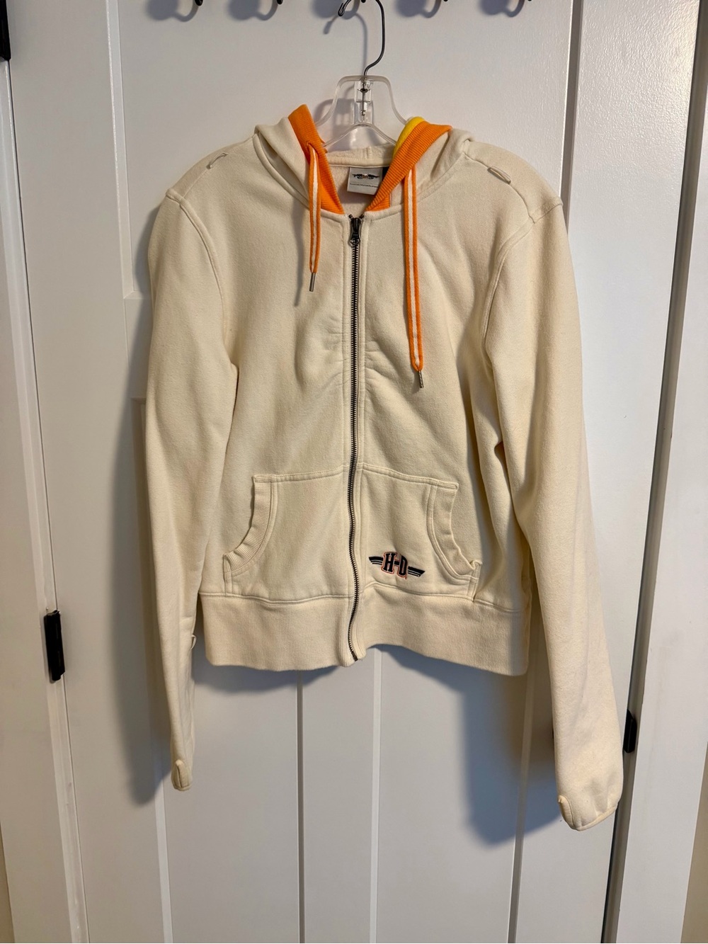 Harley Davidson Womens Large Cream Zip-Up Hoodie with Orange Trim
